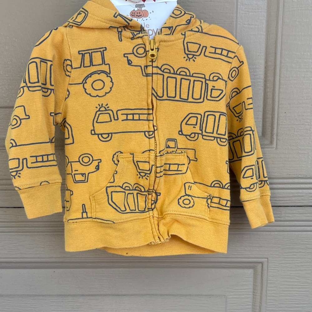 Yellow Toddler Hoodie with Construction Truck Print 3-6 months